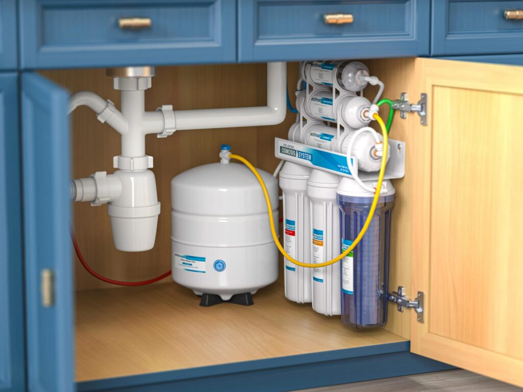 Reverse osmosis water treatment under sink.